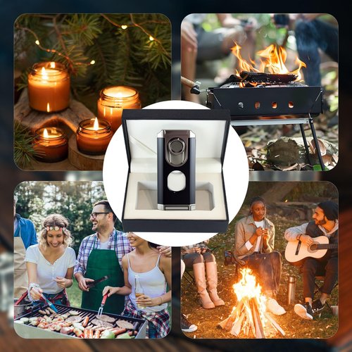 5-in-1 Windproof Torch Lighter with Cutter, Punch, Holder, Draw Enhancer Tool, 3 Jet Flames Butane Lighter Accessories Gift for Men (Butane not Included) (Black)