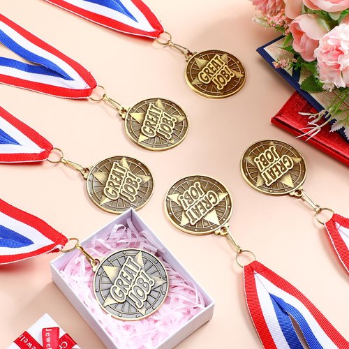 Quelay 100 Pcs Award Medals Bulk 2 Inch Gold Winner Medals with Neck Ribbons for Sports Tournaments Competitions Party Favors(Great Job)