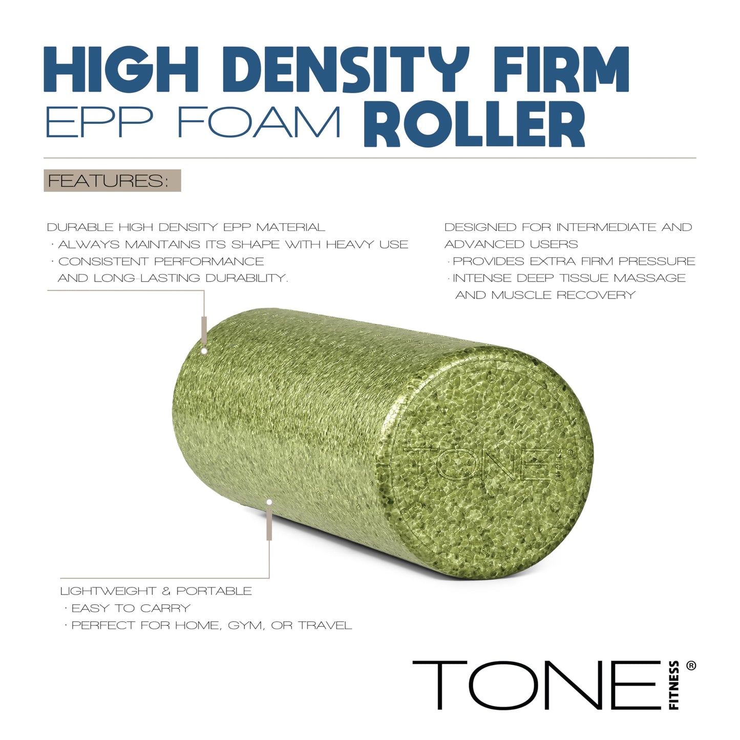 Tone Fitness High Density EPP Foam Exercise Foam Roller for Yoga, Pilates, Stretching, Massage, and Recovery 18 inch Black