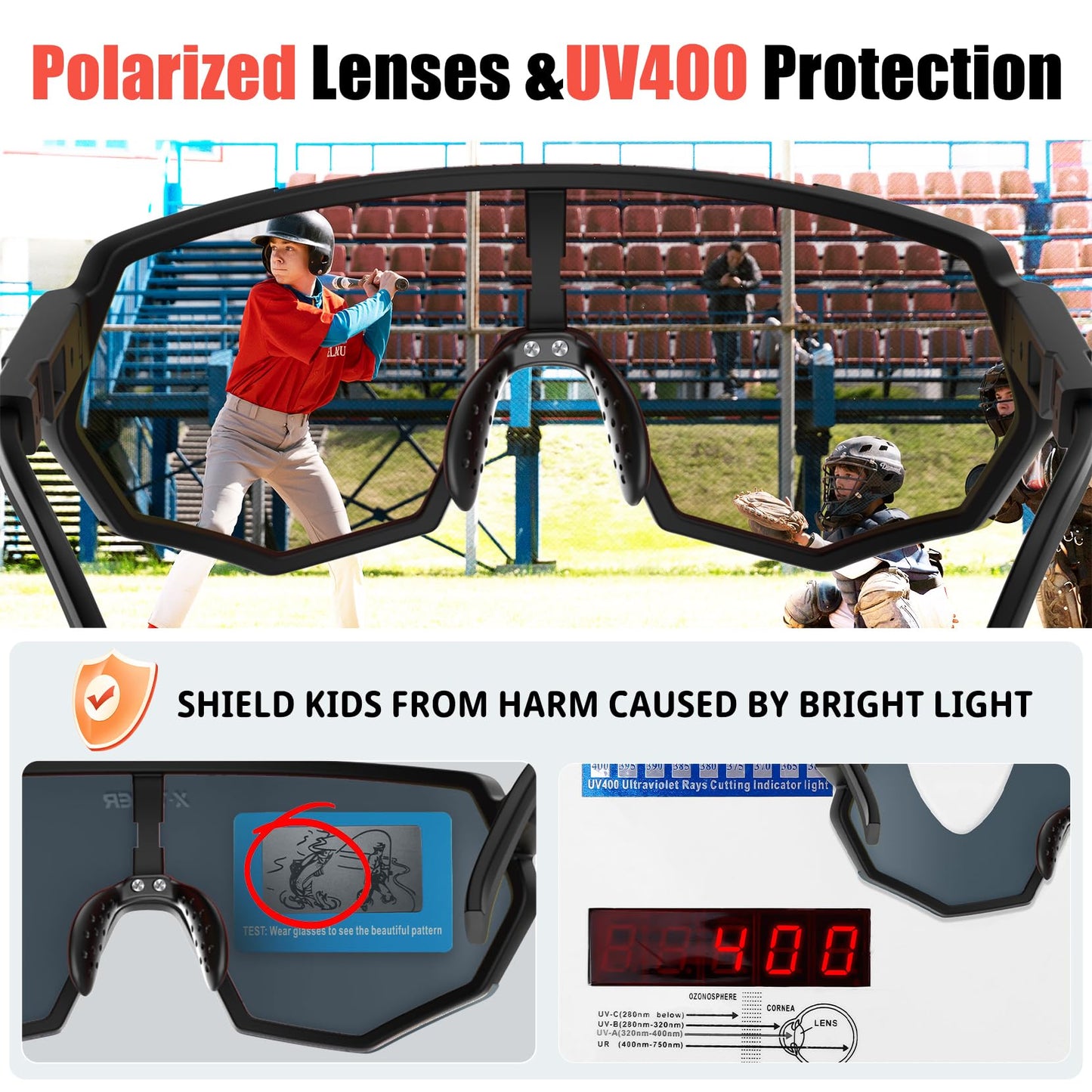 X-TIGER Polarized Youth Baseball Sunglasses UV400 Kids Sunglasses Boys Girls 8-12 Youth for Softball Cycling Sports Glasses