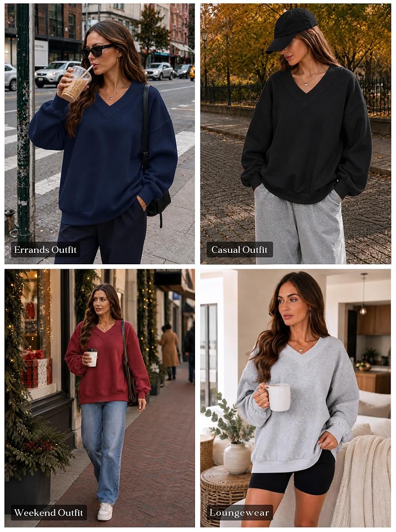 Hilinker Women’s V-Neck Oversized Sweatshirt White Large