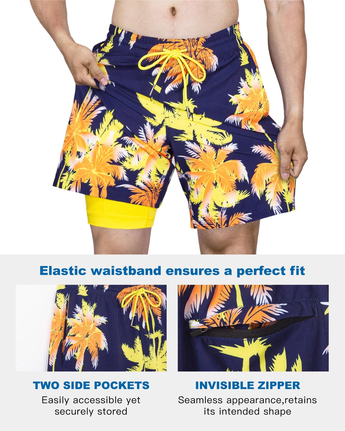 SURF CUZ Mens Swim Trunks with Compression Liner Quick Dry Swim Shorts 7" Swimming Trunks Stretch Bathing Suit Zipper Pockets,05 Sunshine Palmetto,XL