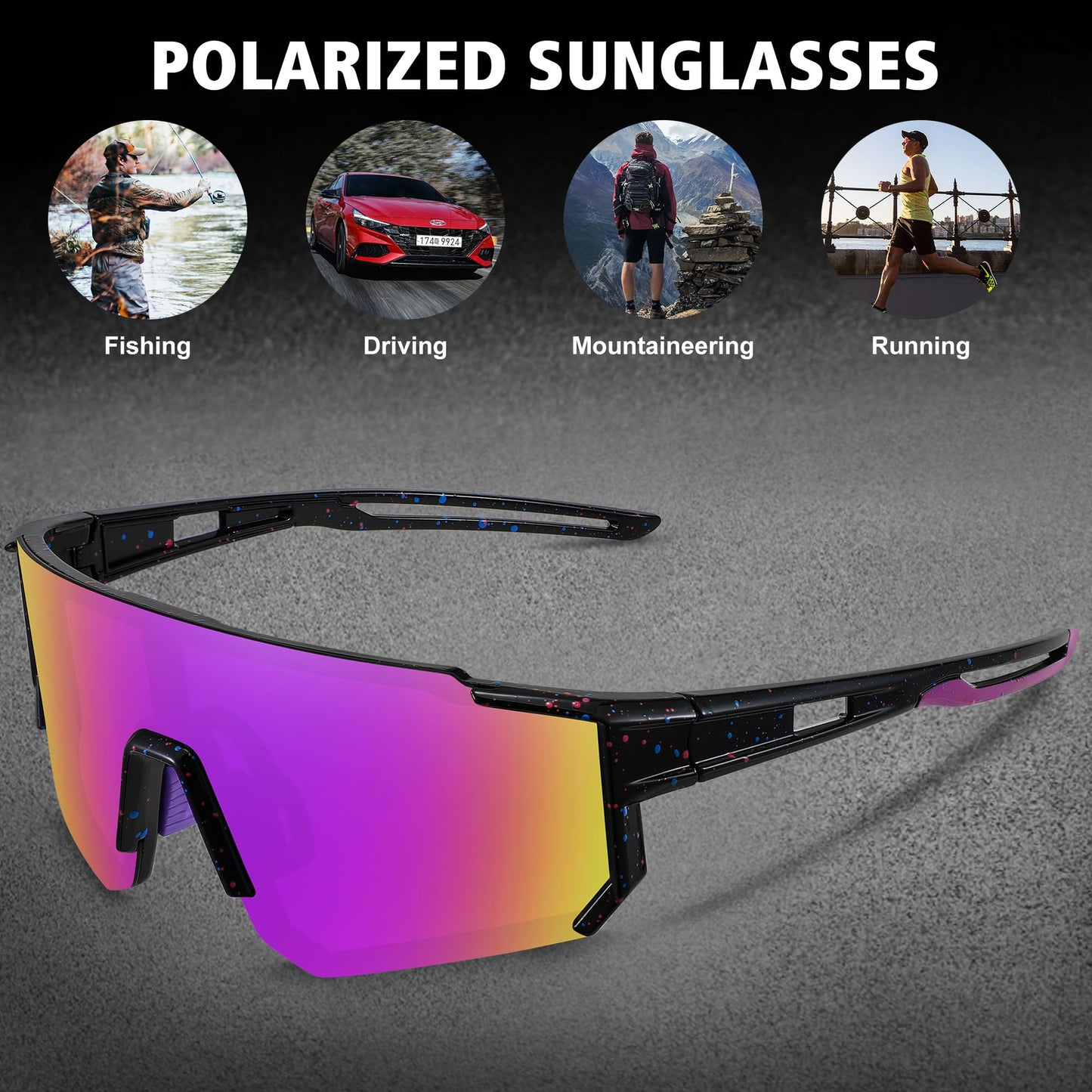STORYCOAST Polarized Sports Sunglasses for Men Women,Driving Fishing Cycling Mountain Bike Sunglasses UV400 Protection,Black-Purple，73