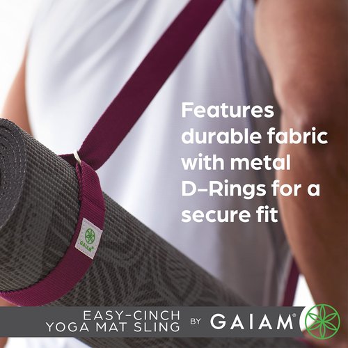 Gaiam Easy-Cinch Yoga Mat Sling - Durable Carrying Strap for Yoga Mat with Metal D-Rings for Secure Fit - Doubles as a Yoga Stretching Strap (No Mat Included), Mulberry