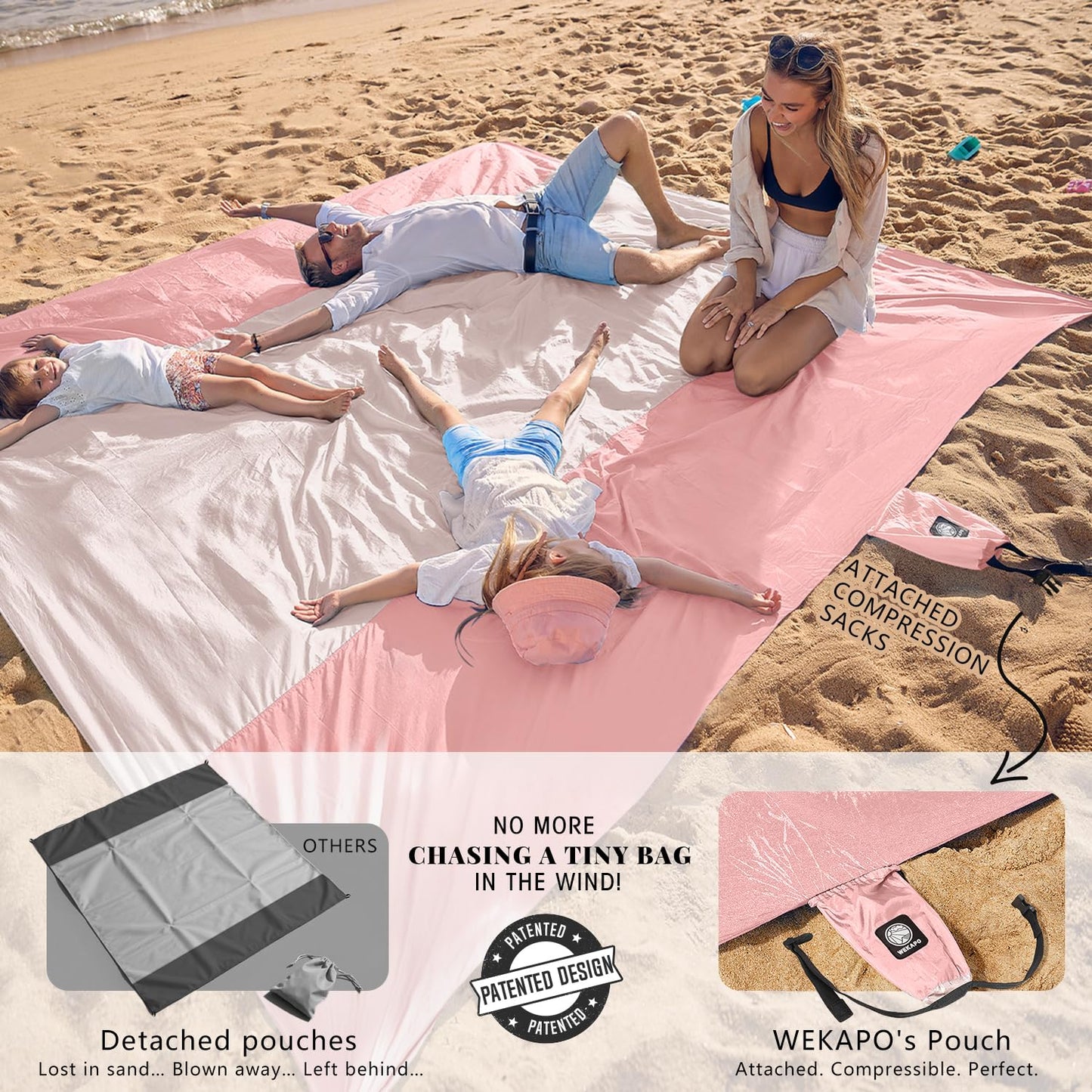 WEKAPO Beach Blanket Sandproof Waterproof, Extra Large Beach Mat, Oversized & Compact Sand Free, Quick Drying Beach Essentials for Vacation, Cruise, Picnic & Camping with Stakes (Pink, 9x10 FT)