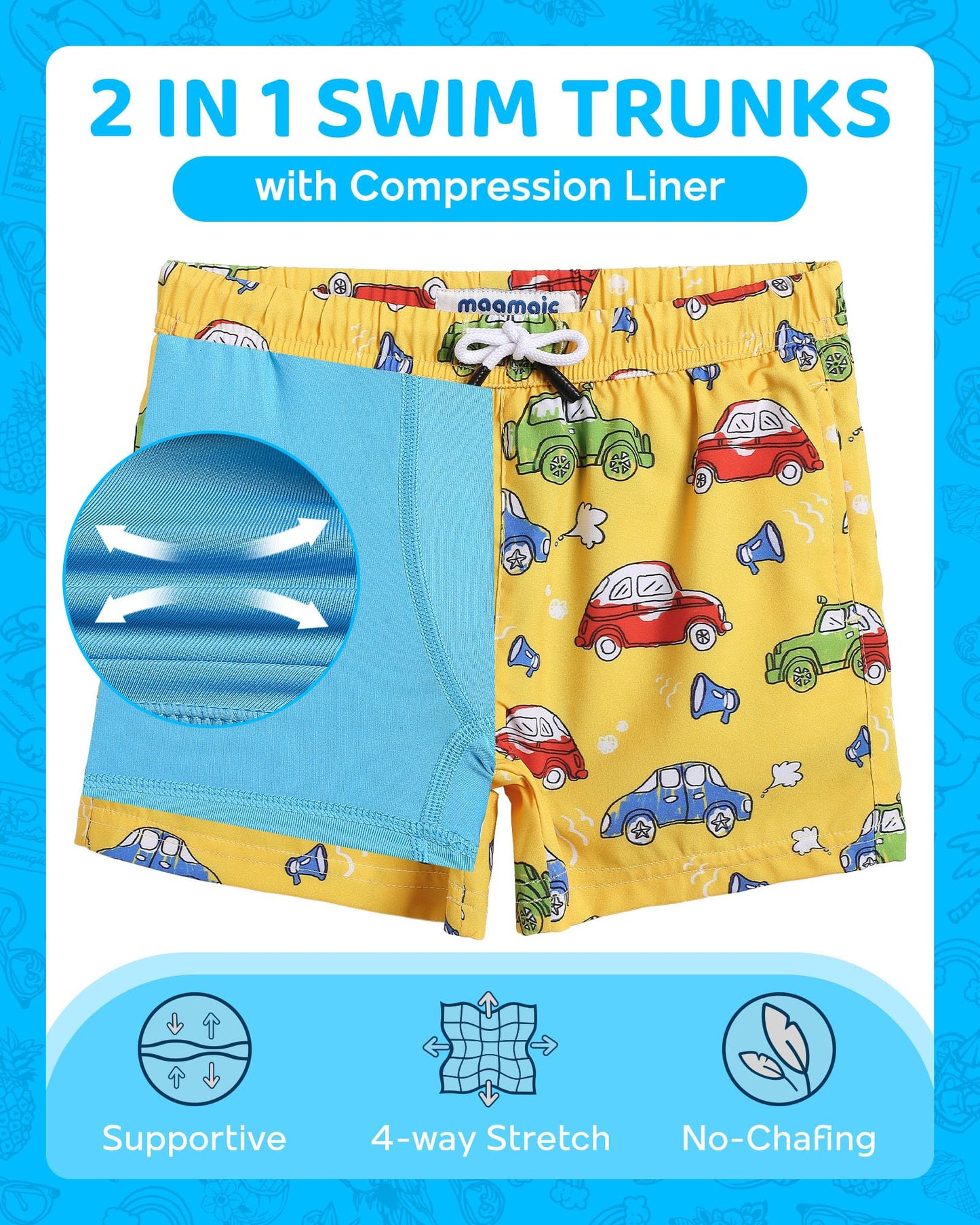 maamgic Boys Swim Trunks with Compression Liner Toddler Boy Swimsuit Quick Dry 4-Way Stretch Swimming Trunks Cartoon car Yellow 7 Years