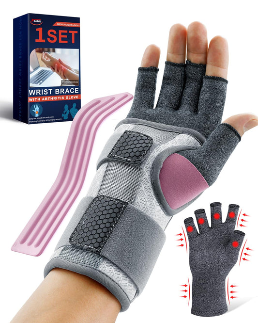 FEATOL Compression Arthritis Glove with Wrist Brace, Comfortable Fingerless Carpal Tunnel Hand Gloves for Women Night Support, Pain Relief for Rheumatoid Arthritis, Work, Typing - Right Hand, Large