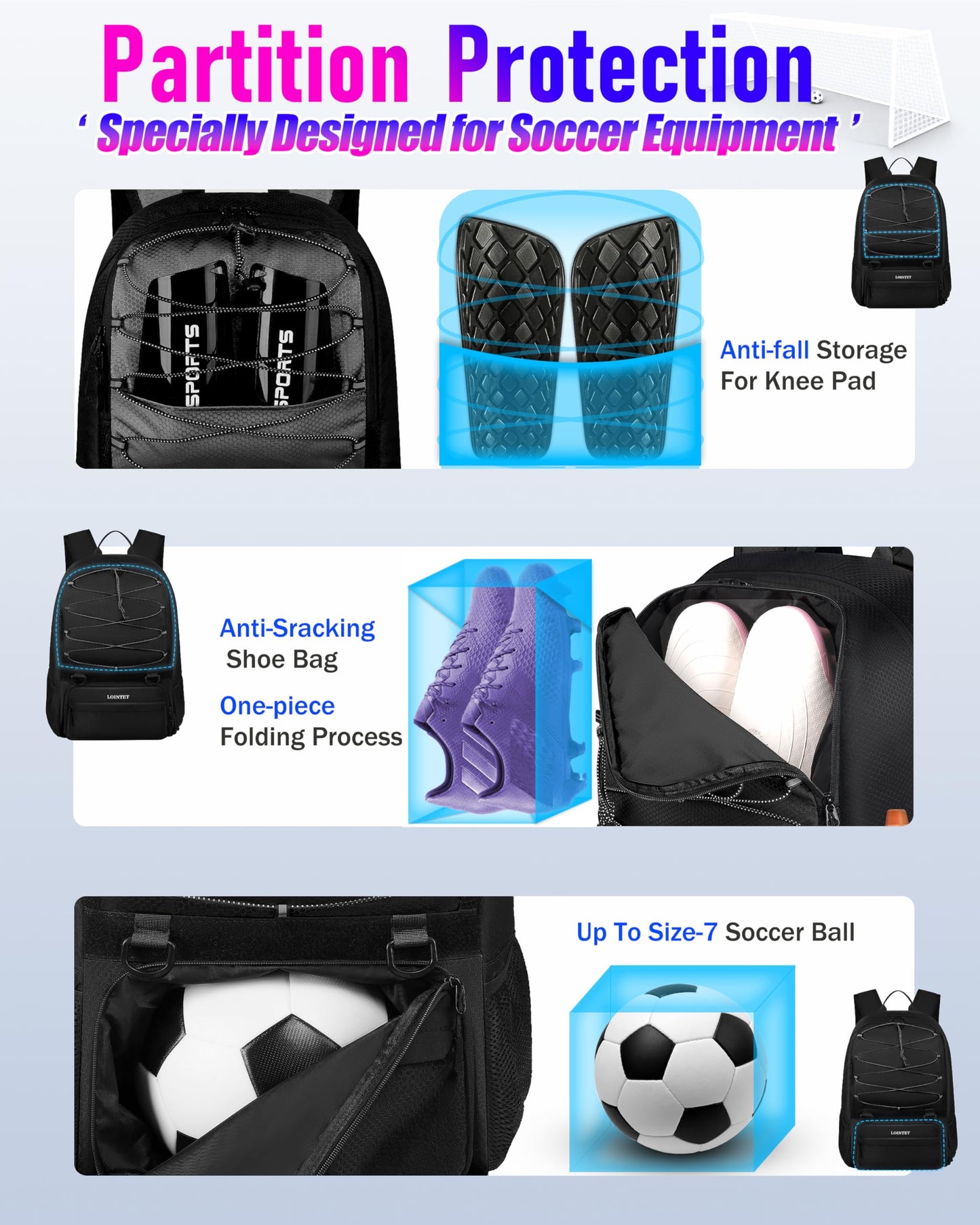 LOINTET Youth Soccer Bag, Soccer Backpack with Ball Compartment, Sports Equipment Training Bags Fits Basketball Football Volleyball and Accessories, Black