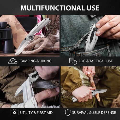 Pocket Knife for Men Women - 3.5" Sharp Folding Blade with Aluminum Handle Pocket Clip - Gray Stylish Knives for Camping Survival Work EDC - Birthday Gifts Ideas for Dad Husband Boyfriend 140106
