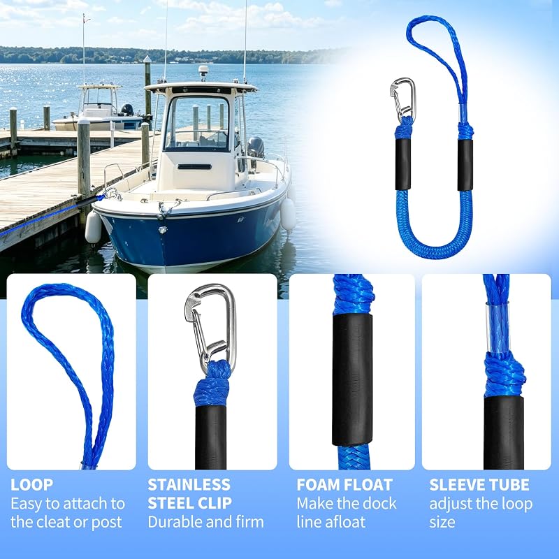 Bungee Dock Line with 316 Stainless Steel Hook, Foam Float — 4ft to 5.5ft, 2 Pack, Blue
