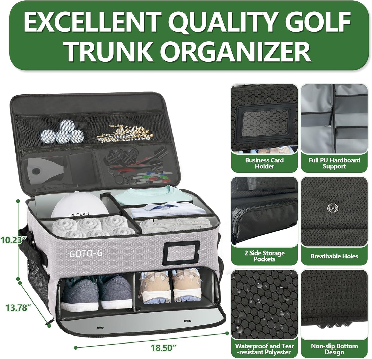 3 Layer Golf Trunk Organizer for 2 Pair Size 13 Shoes, Large Capacity, Gifts for Men with Waterproof Separate Ventilated Storage for Accessories, Balls, Tees, Clothes, Gloves (Black)