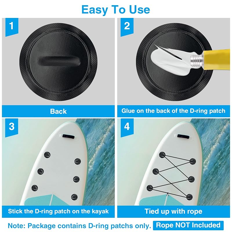 D-Ring Patch Kit for Kayak & SUP - 6x Black Stainless Steel Patches, No Glue Included