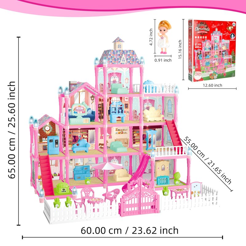 OCTERIC Doll House for Girls,13 Rooms Dollhouse with 2Dolls Figure, Lights, Puppies,Furnitures, Accessories, Toddler Playhouse Gift for for 3 4 5 6 7 8 9 10 Year Old Girls Toys (Pink)