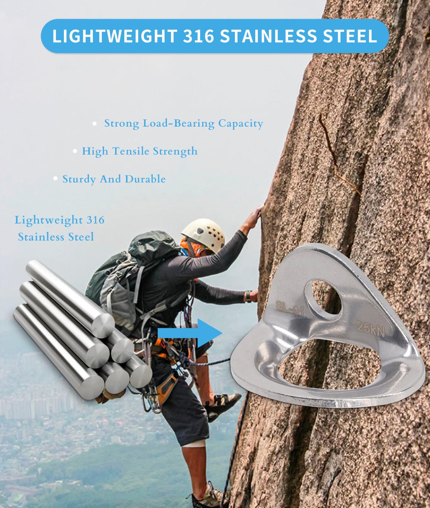 25kN Stainless Steel Bolt Hanger, 10Pcs Bolt Hanger, Lightweight Stainless Steel Rock Climbing Anchors for Rock Climbing, Cave Exploration, Rappelling, Engineering , Aeri