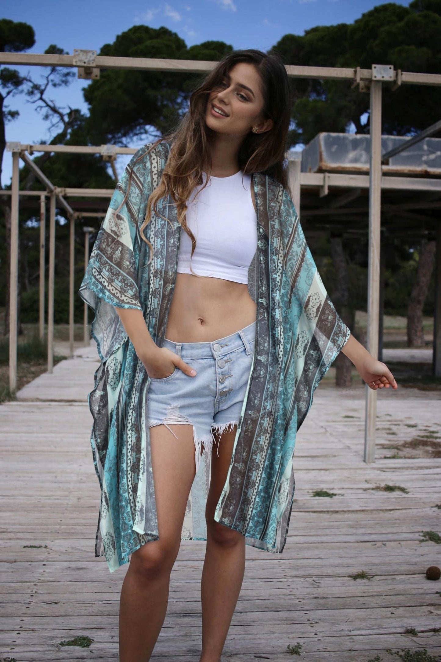 CHICGAL Kimonos for Women Oversized Beach Cover Up Summer Vacation Outfits Resort Cruise Wear (01-Blue Stripe Ethnic Print,M)