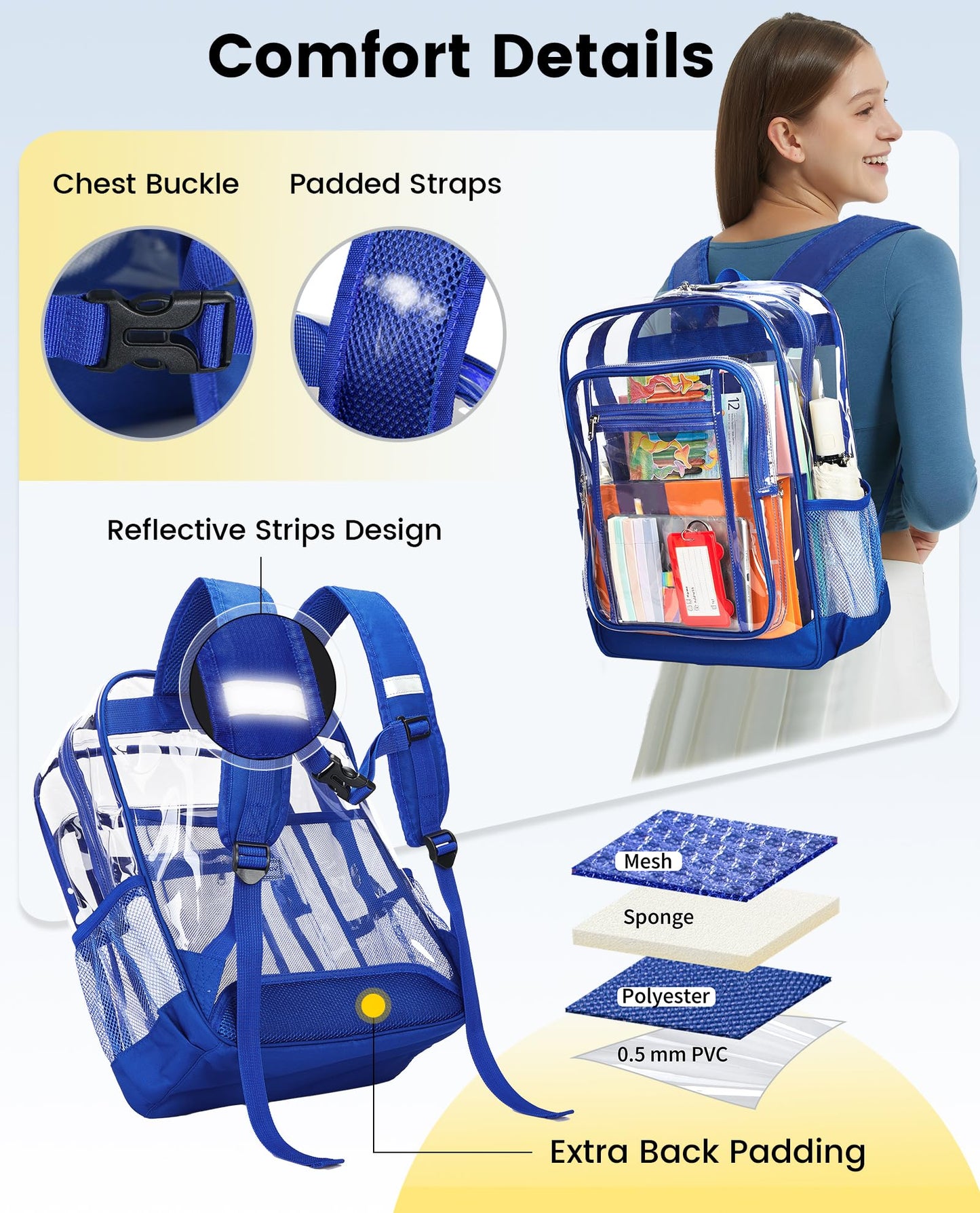 Vorspack Clear Backpack Heavy Duty - Extra Large Clear Backpacks with TSA Lock Transparent See Through Bookbag for Work, College, Travel - Blue