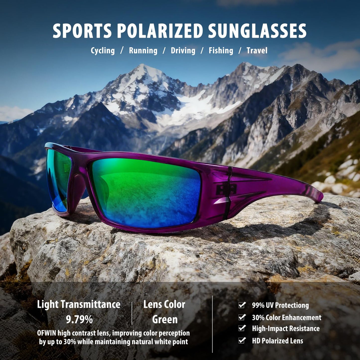 Ofwin Polarized Sports Sunglasses for Men Women Unbreakable Frame Cycling Fishing Wrap Around Sunglasses UV400 Protection 1-Clear Purple/Green Mirror Lens