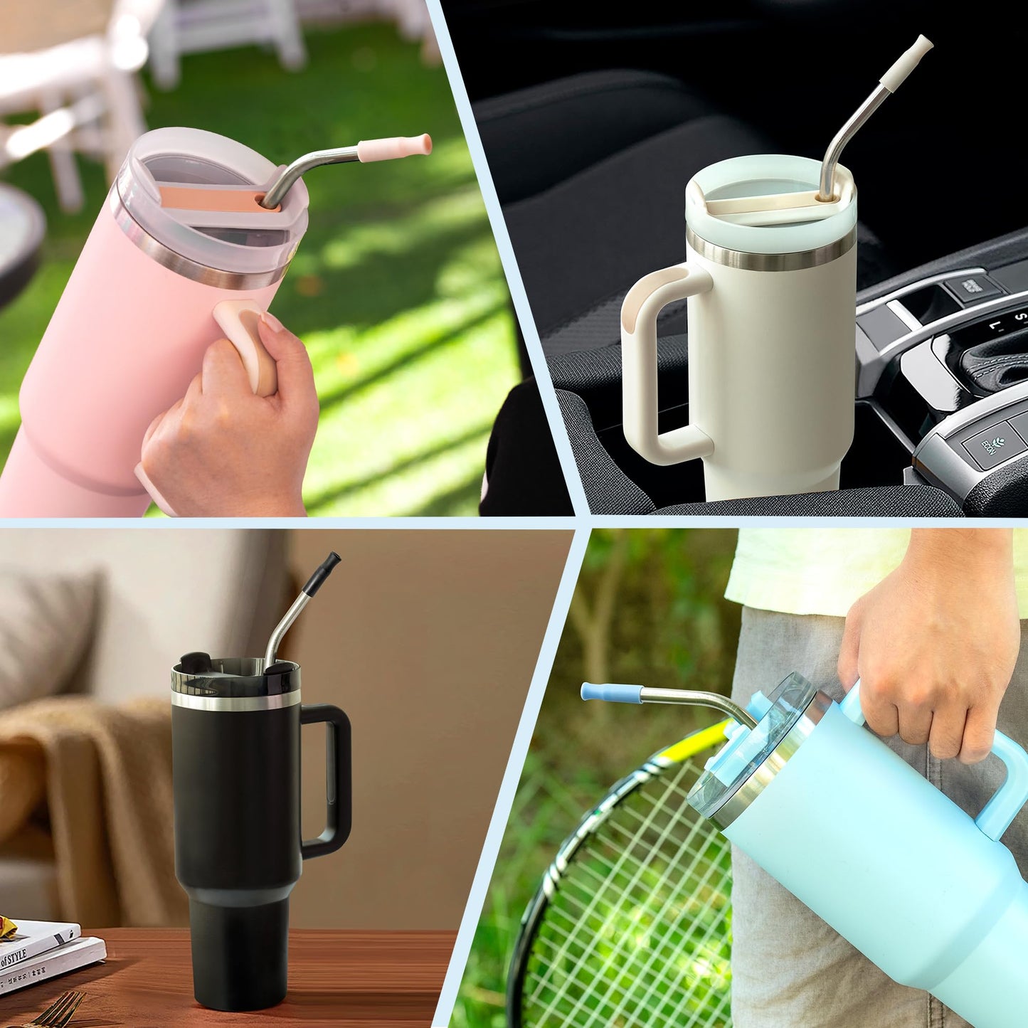 Prurex Bent Metal Straws for for Stanley 30oz, 3 Pcs Reusable Stainless Steel Straw with Silicone Tips, Drinking Straw for 30oz Tumbler, Fit for Coffee, BPA Free (Rose Quartz)