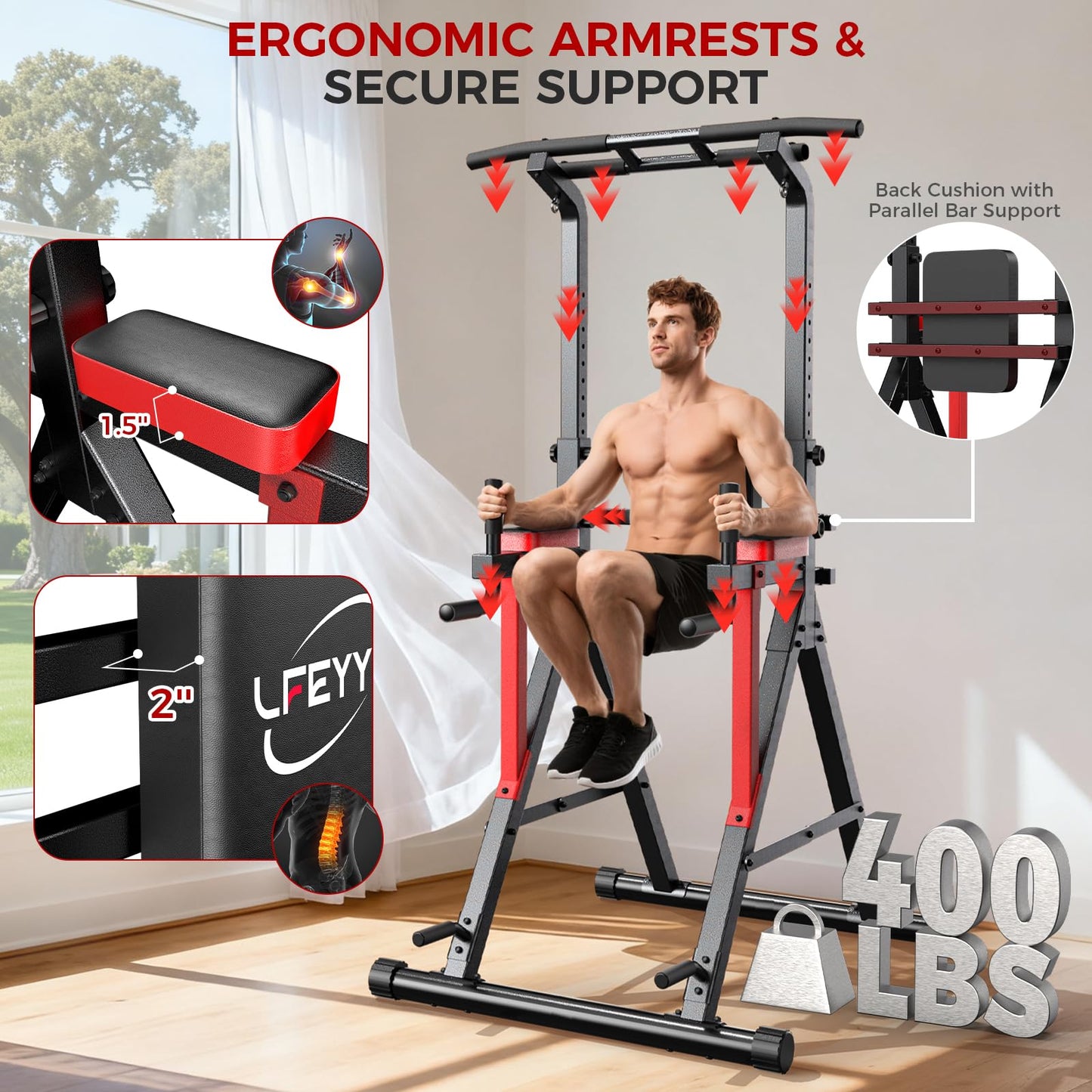 Power Tower Pull Up Bar Free Standing,13-Level Adjustable Height Dip Station with X-Frame Stability, Multi-Grip Handles, Backrest, Anti-Slip Foot Pads - Home Gym Strength Training Equipment 400LBS