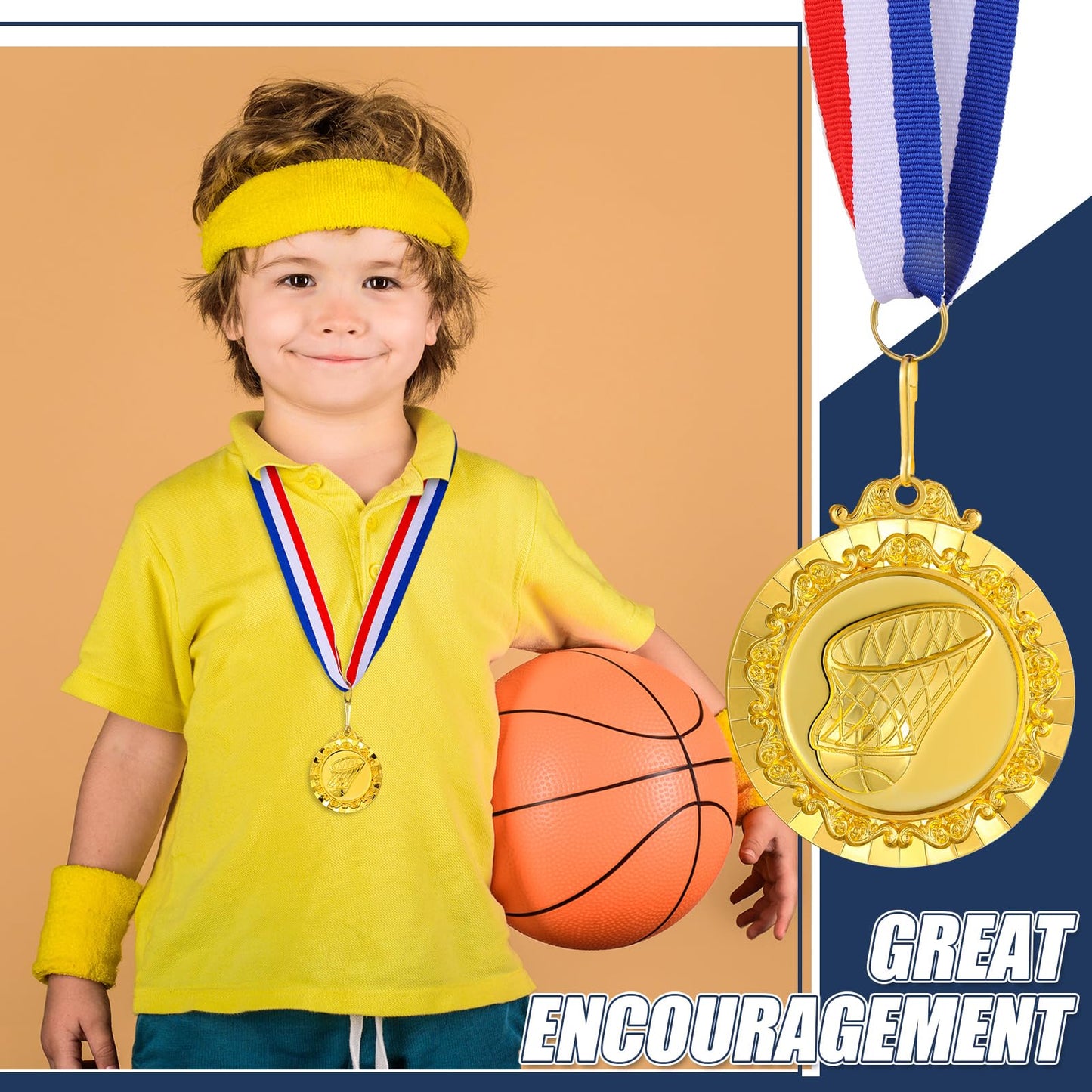 Misdary 36 Pcs Basketball Medals for Kids 2'' Gold Sports Awards Basketball Team Medals Bulk Trophy with Red White Blue Stripes Ribbon for Kids Sports Party Winner Gifts