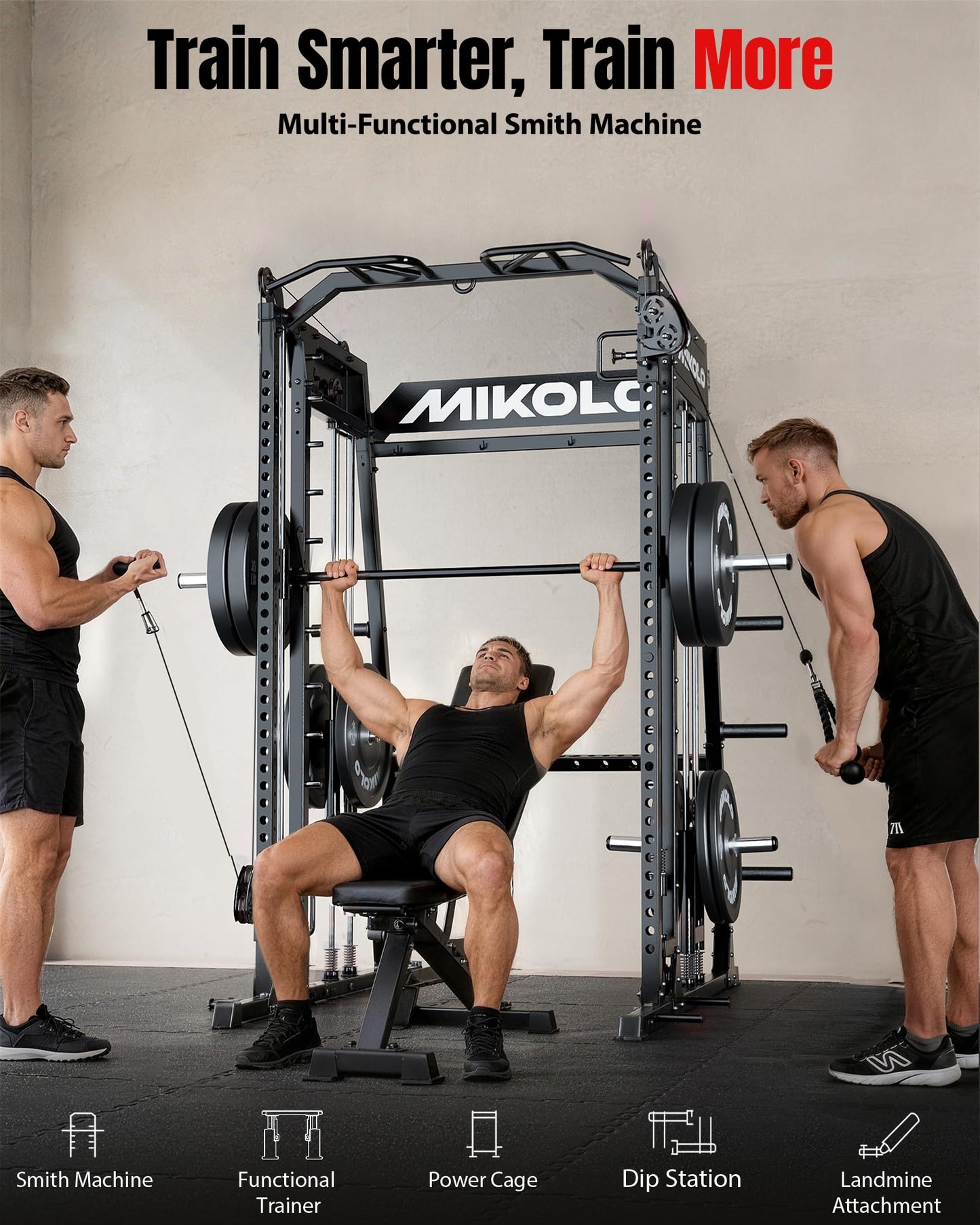 Mikolo Smith Machine, 2200lbs Squat Rack with LAT-Pull Down System & Cable Crossover Machine, Multi-Function Power Cage