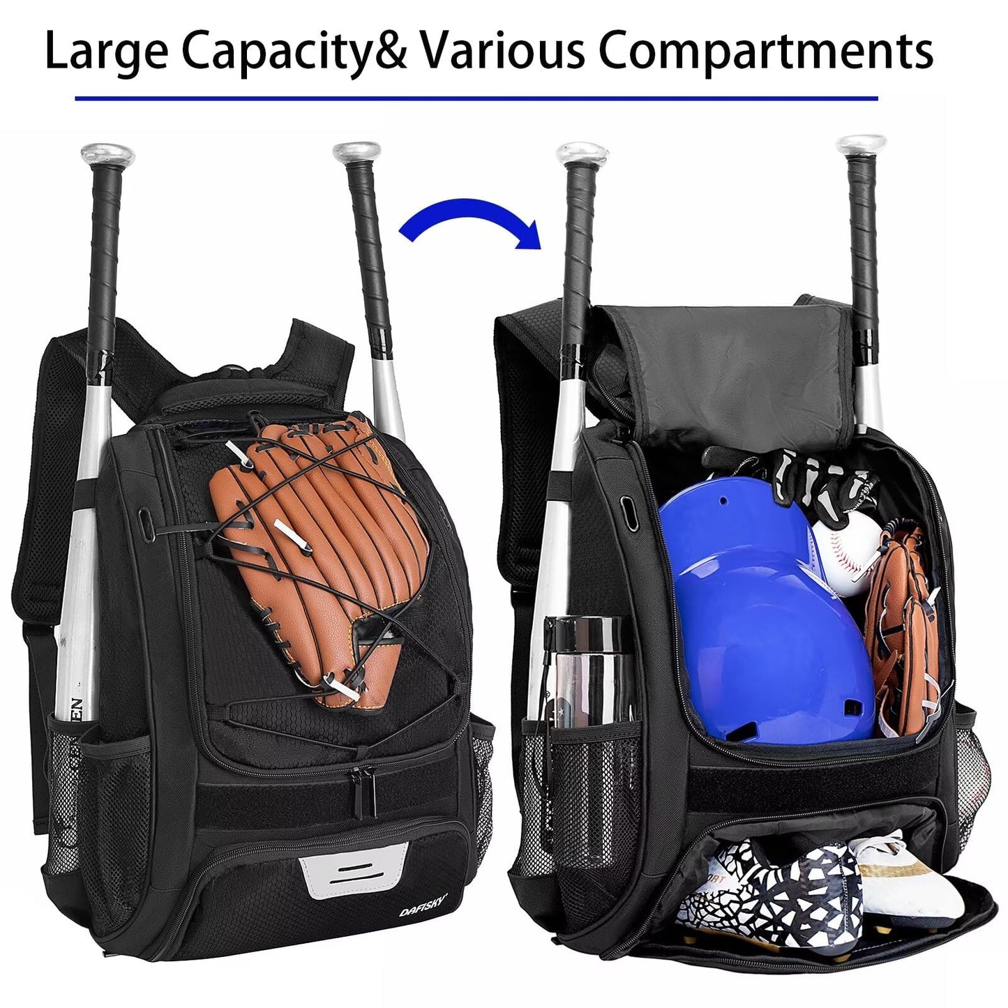 DAFISKY Baseball Bag Softball Backpack - Youth Adult T Ball Bat Equipment Bag with Bat Helmet Holders, Shoe Compartment
