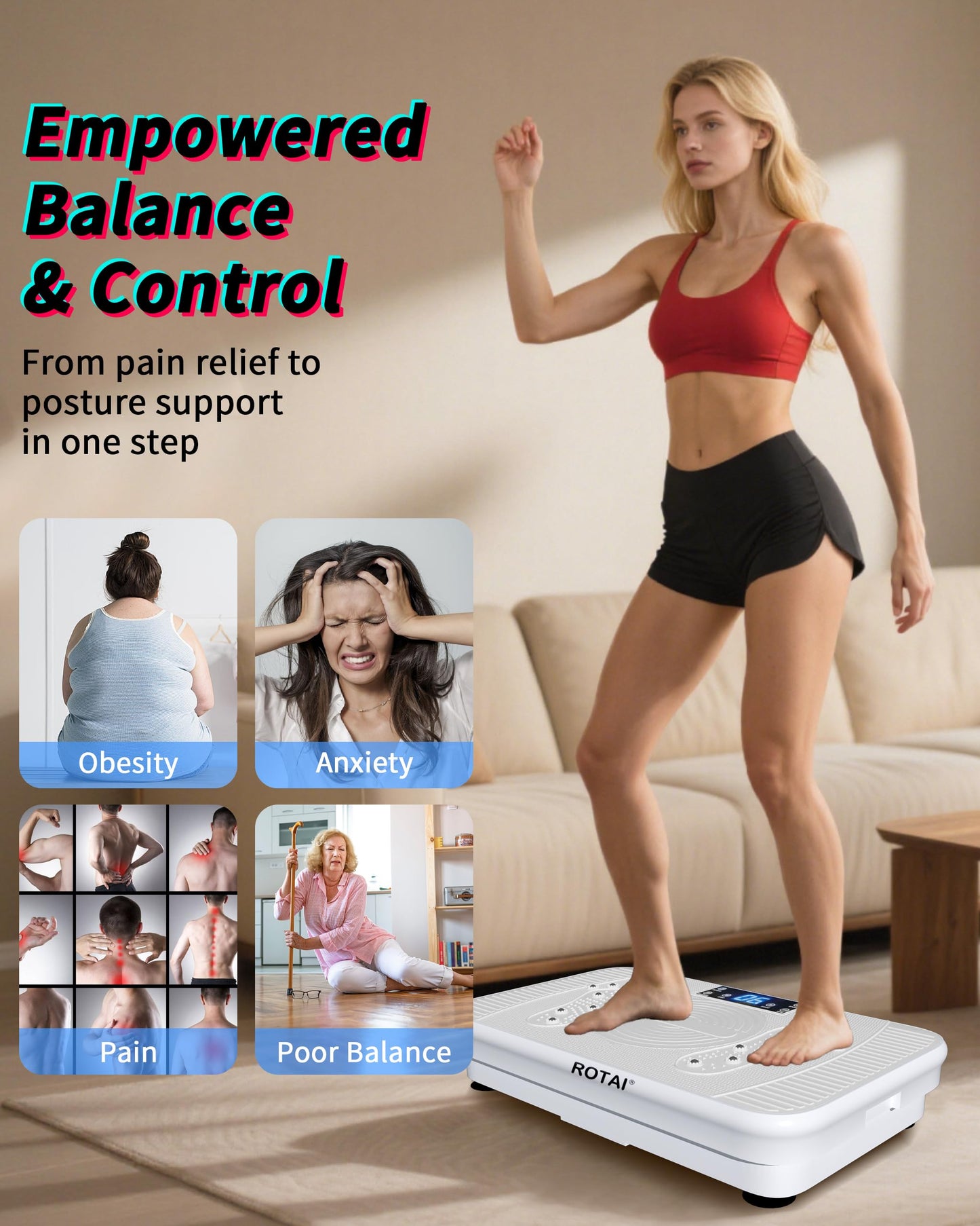ROTAI Shake Plate Vibration Exercise Machine for Lymphatic Drainage Massager & Weight Loss, 400 lbs Capacity Whole Body Vibrating Plate Workout for Women and Men