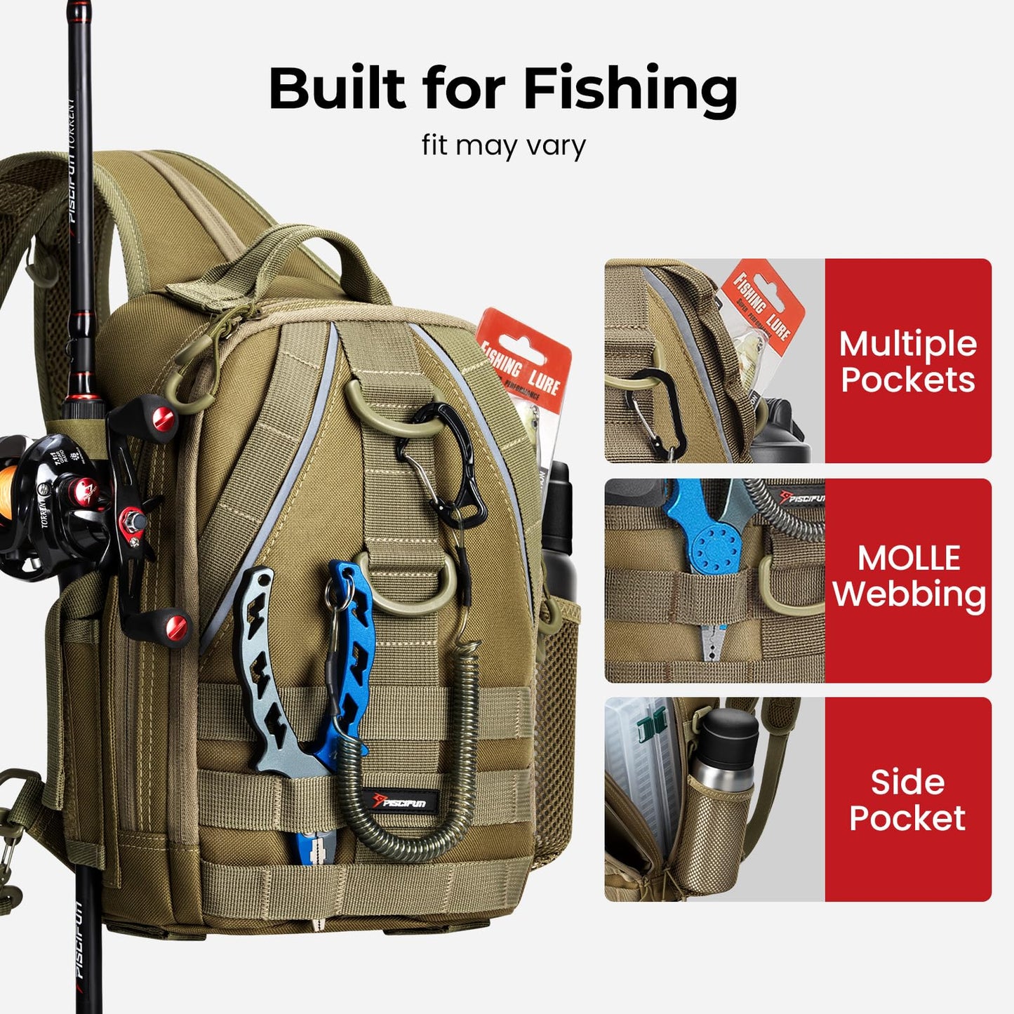 Piscifun Fishing Backpack with Rod Holder, Lightweight Sling Bag Storge Gear and Equipment, Khaki, Latch, Standard