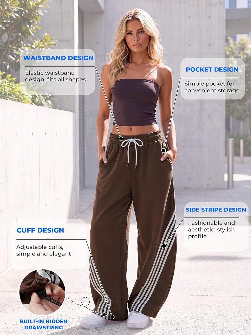 Emmiol Women’s Y2K Baggy Stripe Sweatpants - High Waist Wide Leg, Brown XX-Large