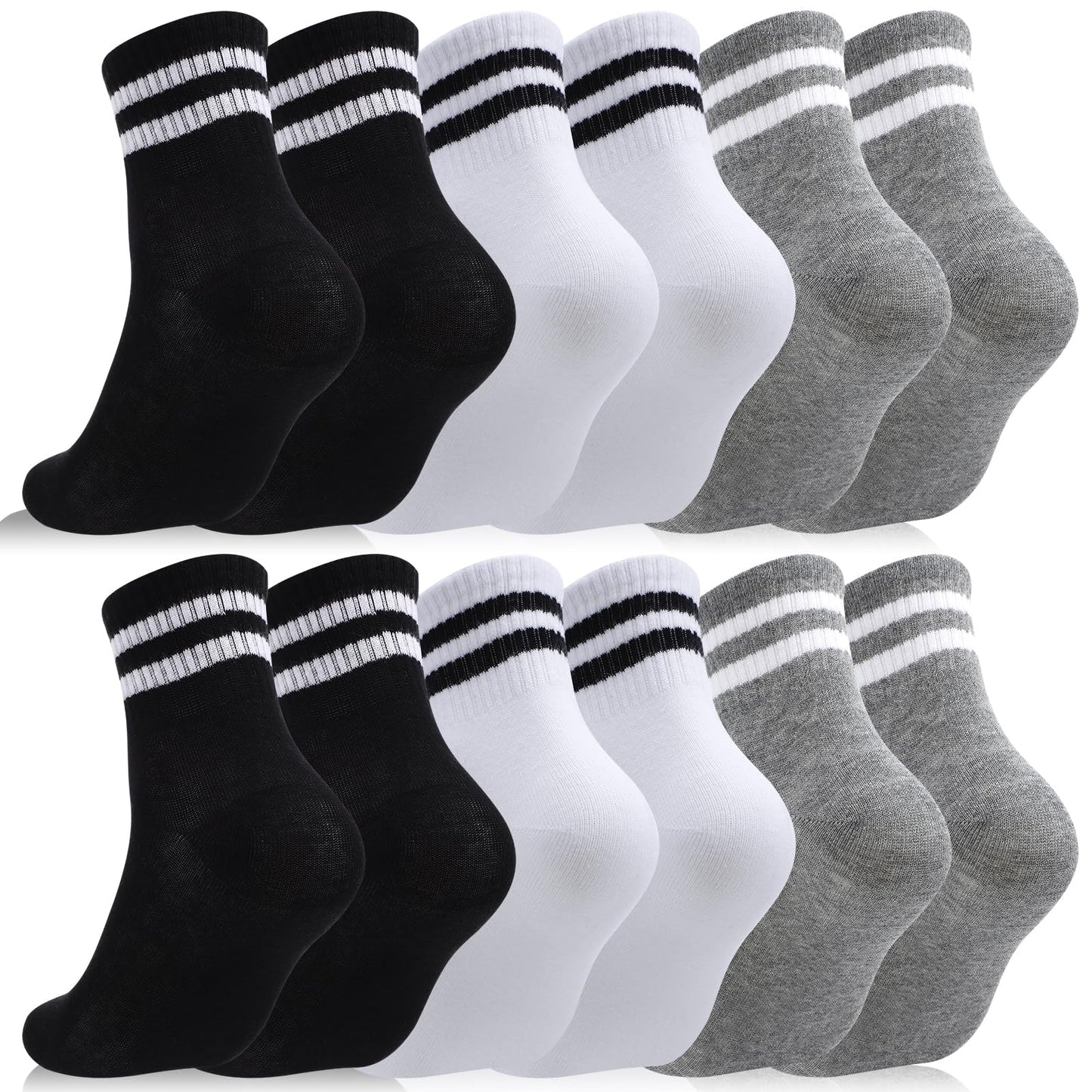 Jspupifip 6 Pairs Kids Striped Athletic Socks, Boys Girls Cotton Socks 6-12 Years, Classic Striped Crew Sports Sock for School Daily Wear