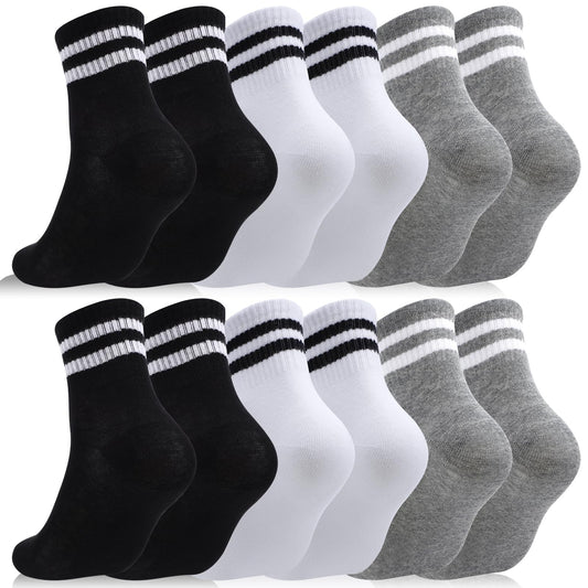Jspupifip 6 Pairs Kids Striped Athletic Socks, Boys Girls Cotton Socks 6-12 Years, Classic Striped Crew Sports Sock for School Daily Wear