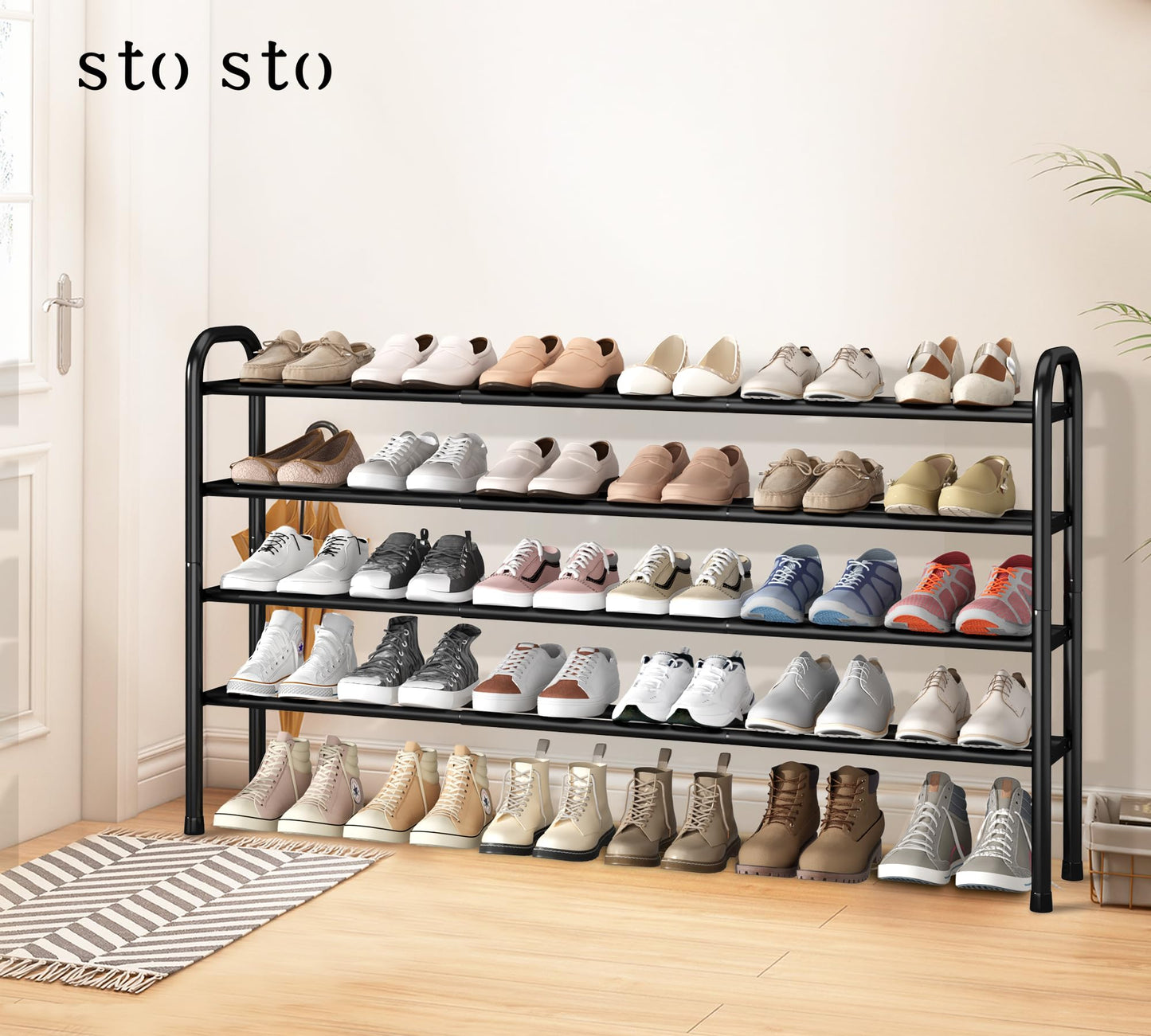 STO STO Long Expandable Shoe Rack 4-Tier, Adjustable Length 33.7”–47.5” Shoe Organizer, Metal Shoes Storage Shelf, Holds Up to 30 Pairs, Non-Slip Feet, for Closet, Entryway, Hallway, Front Door, Black
