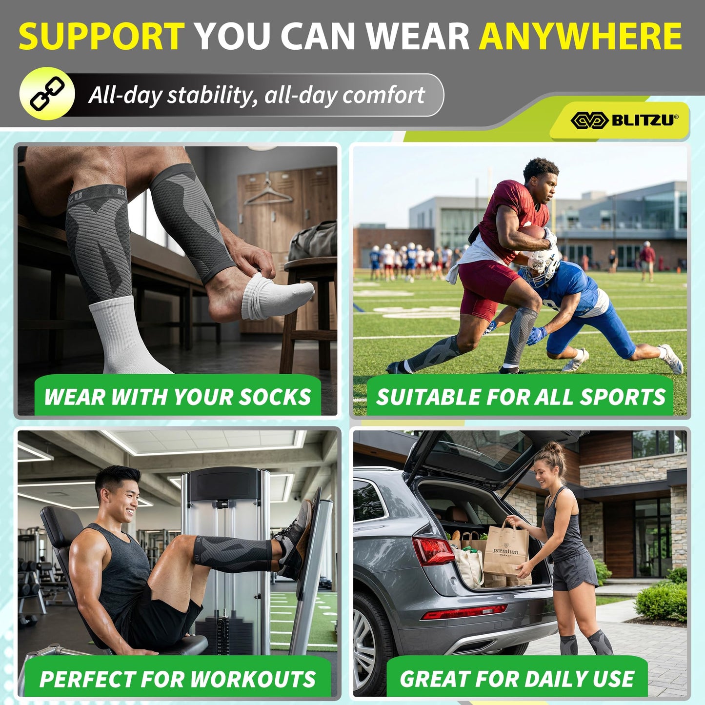 BLITZU Calf Compression Sleeves for Men and Women. Footless Compression Socks Support for Varicose Vein, Nursing, Running. Leg Sleeve Brace for Shin Splints, Pain Relief & Reduces Swelling Green S-M