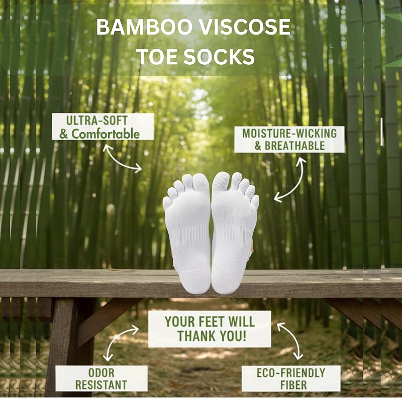 Socksense Bamboo Toe Socks - Non-Slip Ankle Low Cut, 3 Pairs, White, Medium