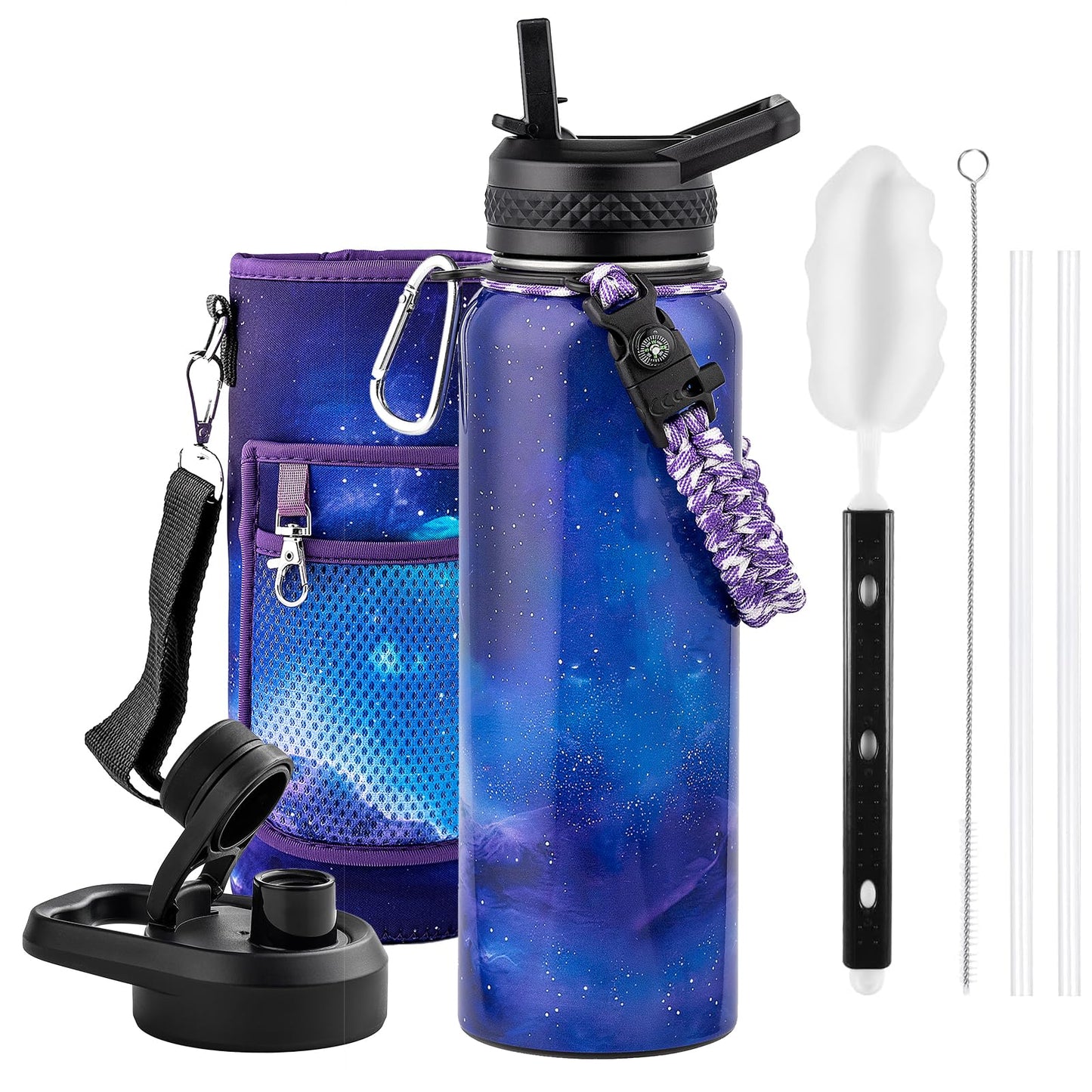 RAYMYLO Insulated Water Bottle 40 oz, Triple Wall Vacuum Stainless Steel (Cold for 36Hrs, Hot for 18Hrs), Leak Proof & Non-BPA, Modern Water Flask Jug with Paracord Handle & Straw Spout Lids