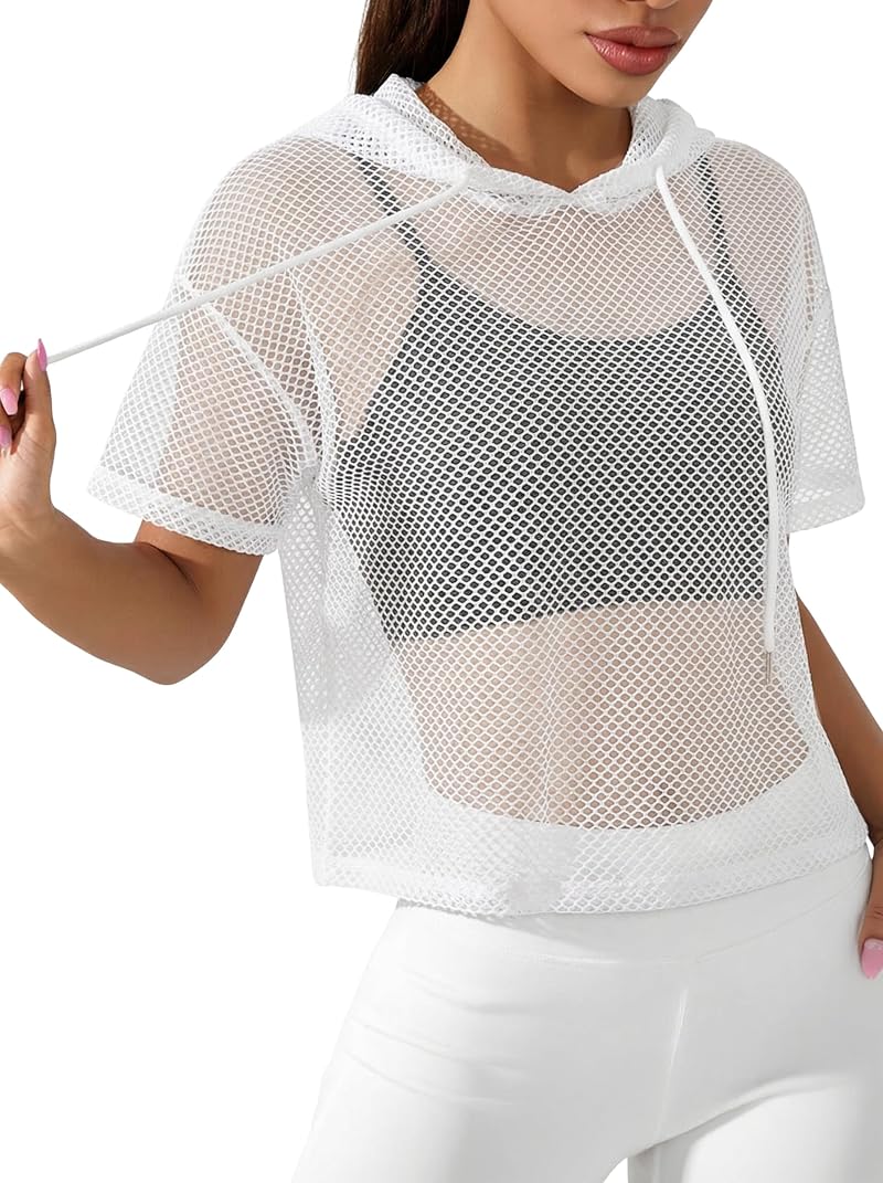 Hilinker Women’s Mesh Hooded Crop Top - See-Through White, Small