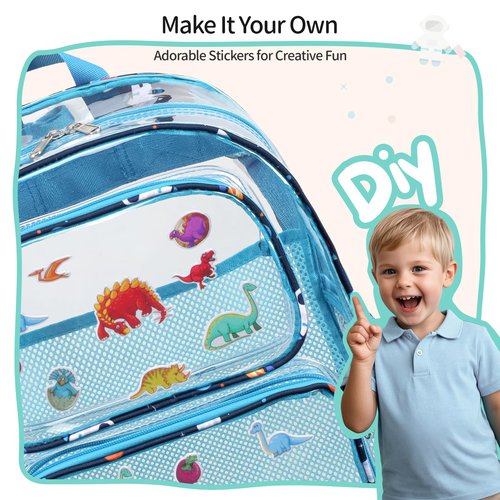 BrainyBees Clear Backpack for Boys - 15 Inch Heavy Duty Kids Backpacks for School, Clear Transparent Bookbag with 2 Front Pockets for Kids Aged 3 to 8, Blue Space Astronauts