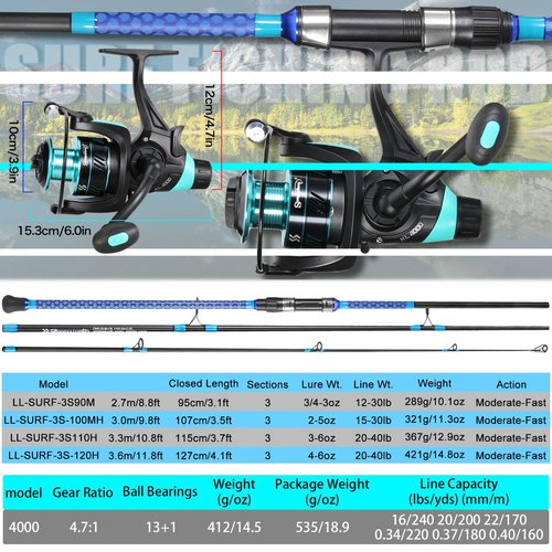 Sougayilang Baitfeeder Combo Surf Fishing Rod Combo Medium/Heavy 3 Piece Travel Spinning Rod with 4000 Size Reel (10')