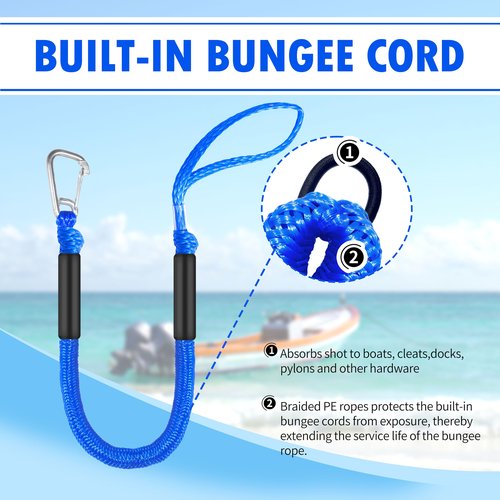 3ft Bungee Dock Lines (2-Pack) – Heavy-Duty Elastic Mooring Ropes for Boats, Jet Skis & Kayaks | Adjustable PVC Sleeve | 316 Stainless Steel Clip | Blue