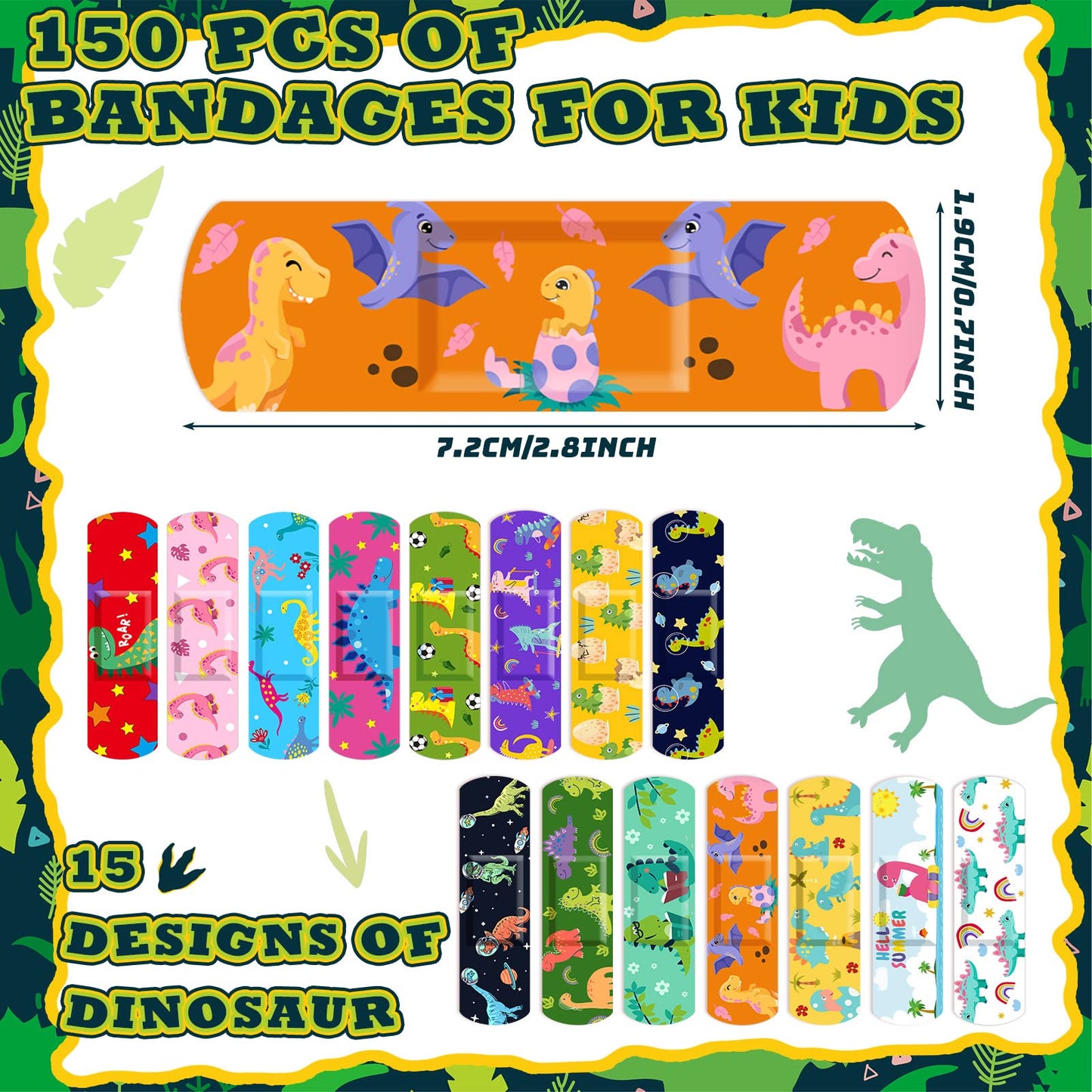 Estune 150 Pcs Kids Bandages Bulk Dinosaur 15 Styles Fun Back to School Gifts for Children Adhesive Colorful Flexible Cartoon Dinosaur Bandages Variety Pack for Kids Boys Girls Students School