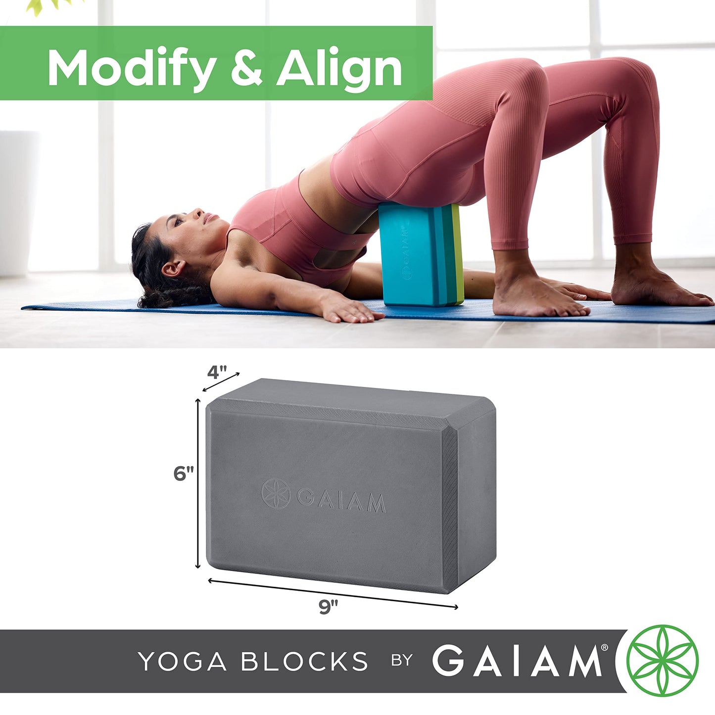 Gaiam Yoga Block - Supportive Latex-Free EVA Foam Soft Non-Slip Surface for Yoga, Pilates, Meditation (Black), 1 EA