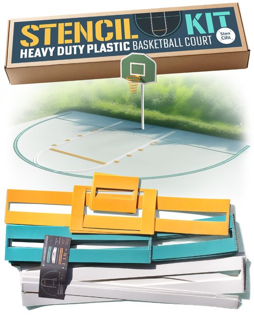 STENCILIT Basketball Court Stencil Kit for Concrete - Thick Plastic, Professional Kit for Driveway & Concrete, Reusable, Easy Assembly, Key & 3Point Lines Basketball Stencil