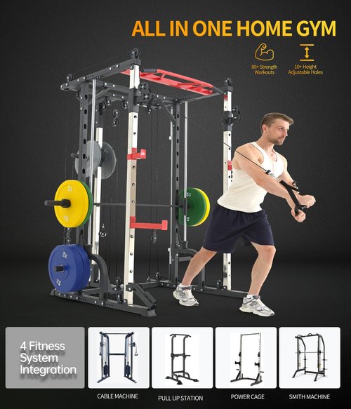 RUNFREELY SM010 Smith Machine Home Gym with Cable Crossover, All-in-ONE Trainer Compact Power Cage for Strength Training