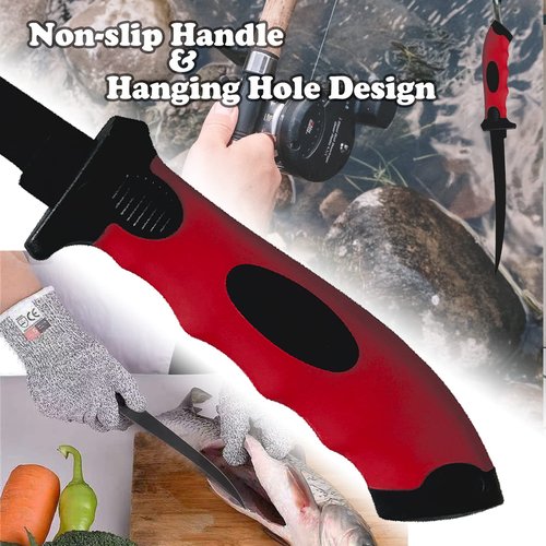 HOWORR Fishing Fillet Knife Set, 7 Inches Professional Stainless Steel Blade Filet Knife for Fish, with Sharpener and Cutting Resistant Gloves, Fishing Gear, Fishing Tool Set, Red