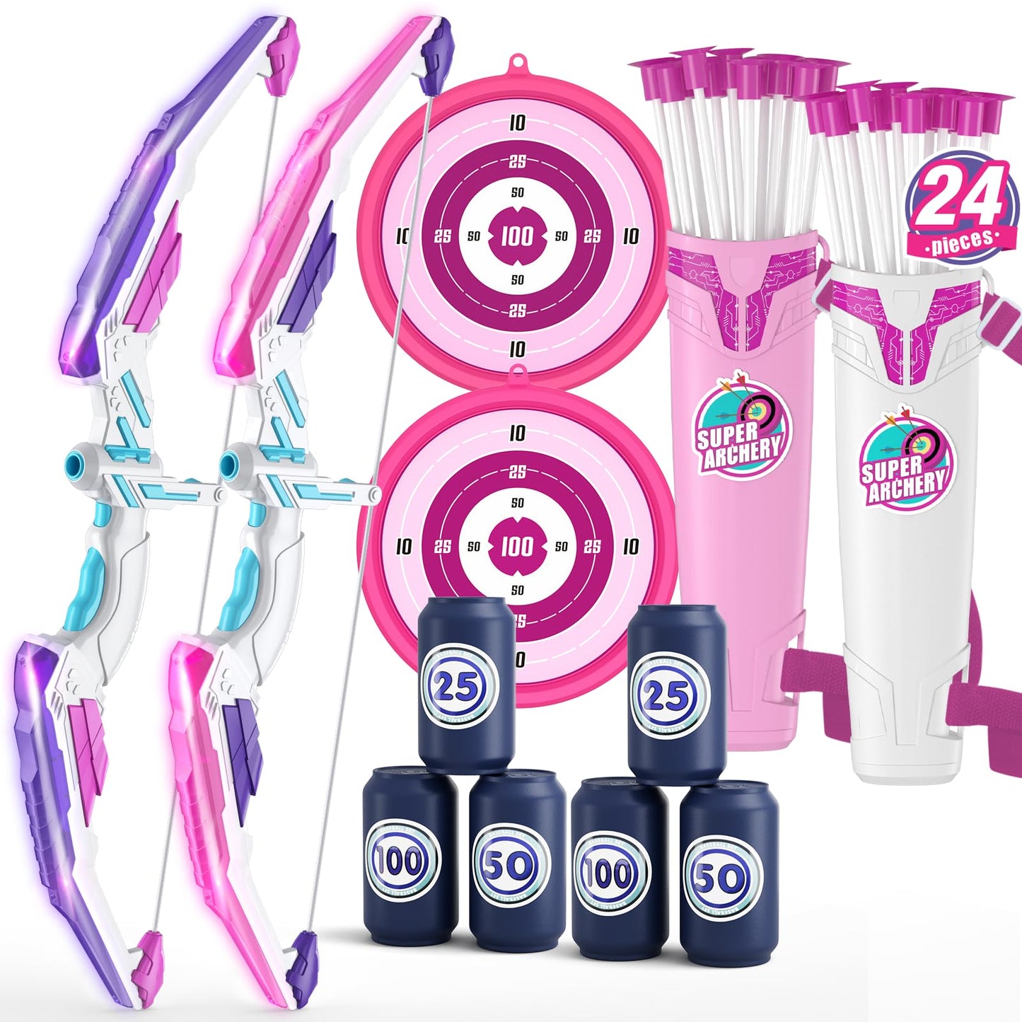 HYES 2 Pack Bow and Arrow for Kids, LED Light Up Archery Set with 24 Suction Cup Arrows, 2 Hanging Targets, 6 Score Targets & 2 Quiver, Indoor Outdoor Sport Toys for Girls Ages 4-12