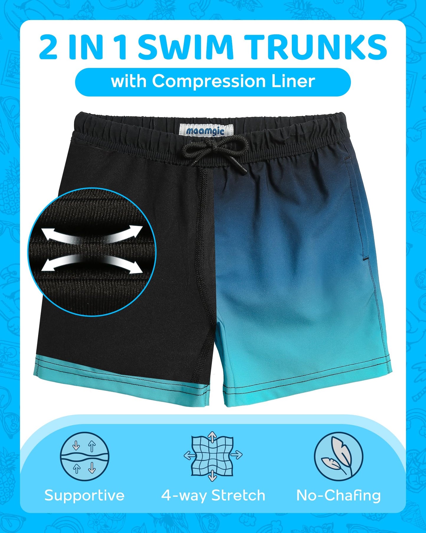 maamgic Boys Swim Trunks with Compression Liner 4-Way Stretch Quick Dry Bathing Suit Toddler Beach Shorts Blue Black 3T