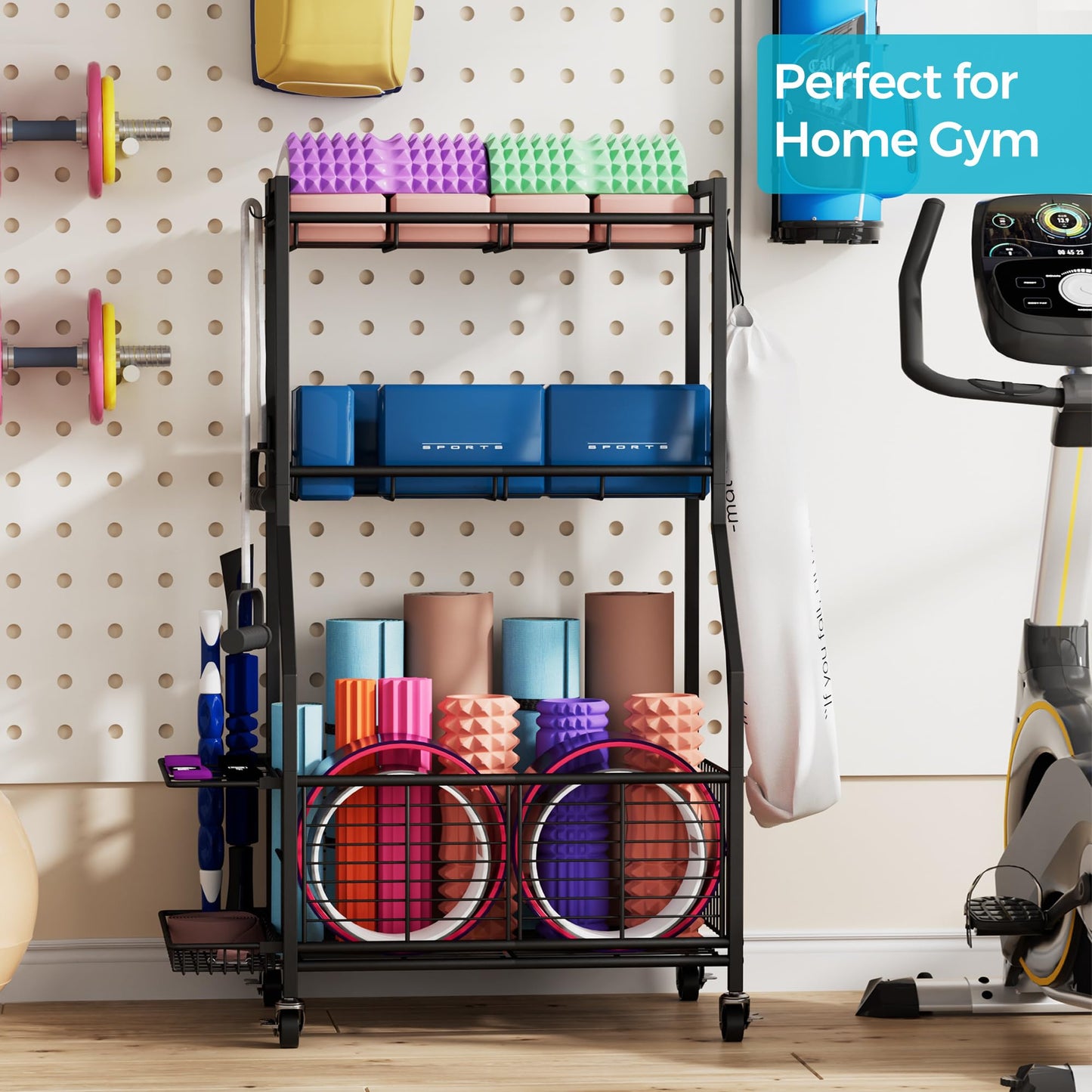 Cerlyunzan Sports Equipment & Toy Storage Rack with Wheels, 3-Tier Ball Organizer for Balls, Rackets & Sports Gear, Large Capacity with Racket Slots & Hooks, for Garage, Home Gym or Backyard – 23" W