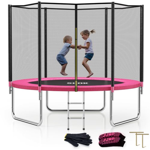 SKOK Pink 8FT Trampolines with Enclosure Net, 400LBS Outdoor Trampolines for Kids -ASTM Approved Trampoline for Children and Adults with Jump Mat,Cover & Ladder