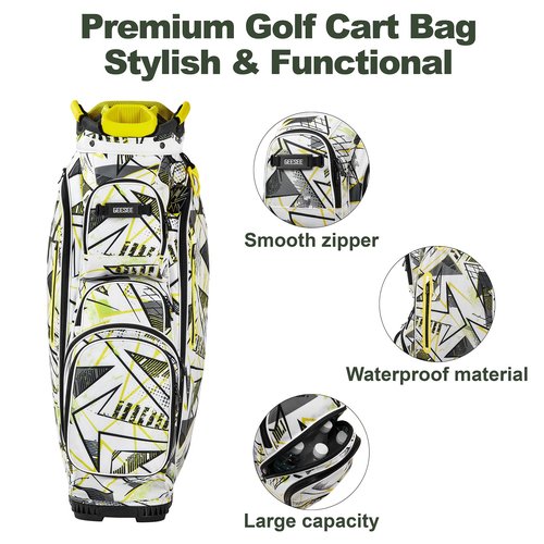GEESEE 14-Way Golf Cart Bag with Full-Length Dividers–Golf Bag Featuring Cooler Pocket, Rain Hood, 9 Pockets & Padded Strap–Ideal Golf Club Organizer for Men & Women
