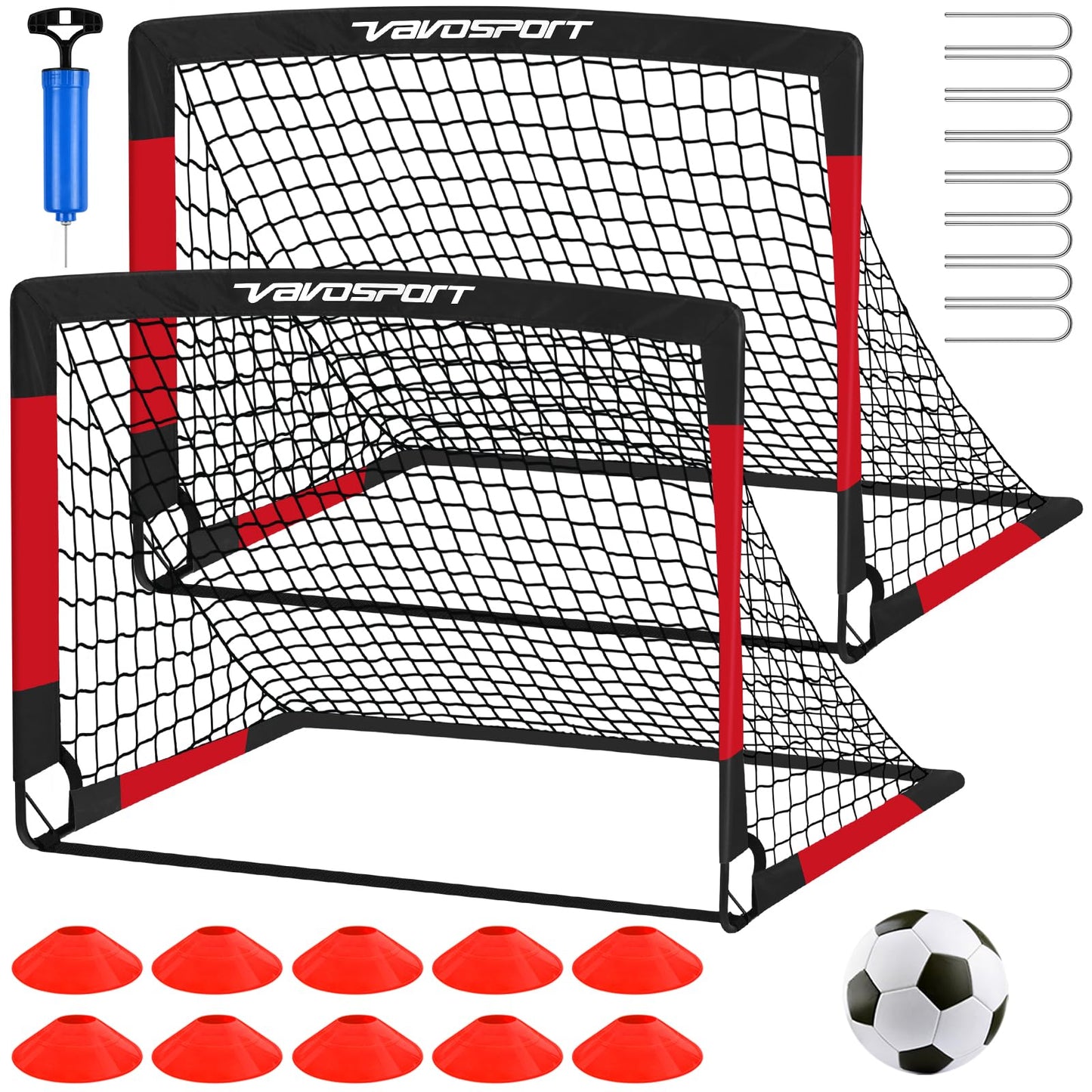 VAVOSPORT Kids Soccer Goals for Backyard, 2-Pack 4x3ft Portable Soccer Nets, Pop Up Mini Toddler Soccer Goal Set with Size 3 Ball, Cones & Pump for Ages 3-12, Indoor & Outdoor Practice Training Kit
